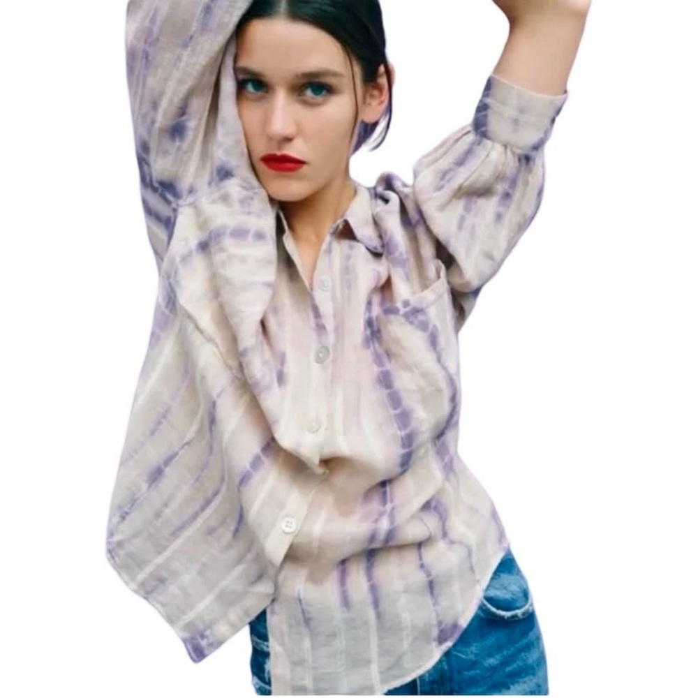 Zara Linen Blend Purple Tie Dye Button Down Shirt Womens Medium Boho